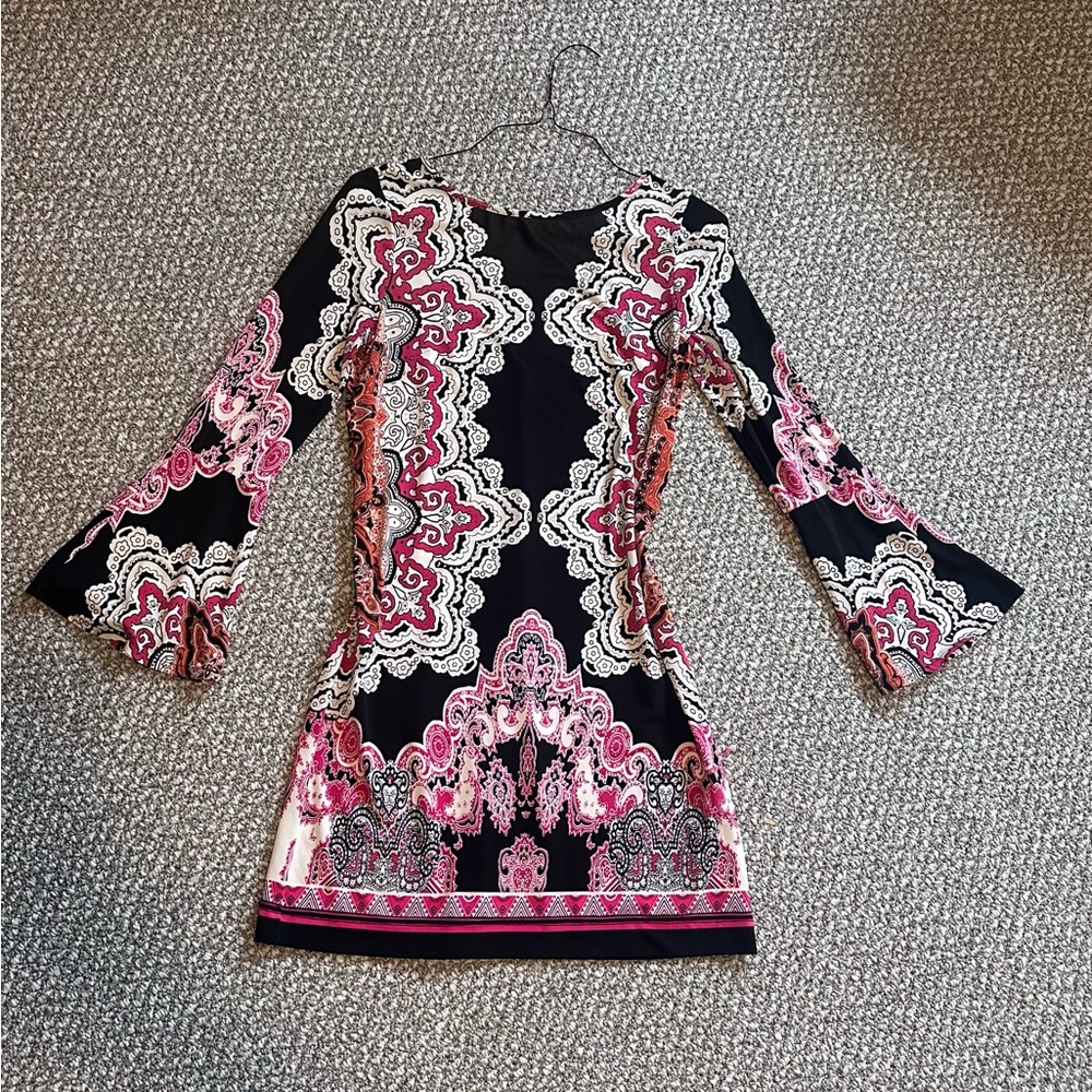 Black & Pink Patterned Bell Sleeve Dress